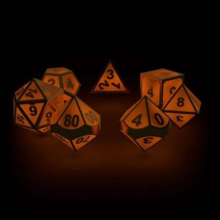 Oakie Doakie Dice Dés RPG Set Metal Glow in the Dark Golden Princess x7